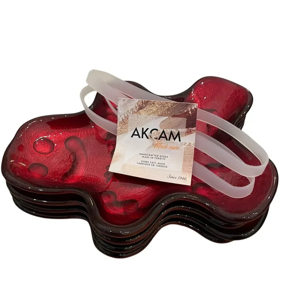 Akcam CHRISTMAS Gingerbread Man Glass Appetizer Plates Holiday Red Set of 4 New